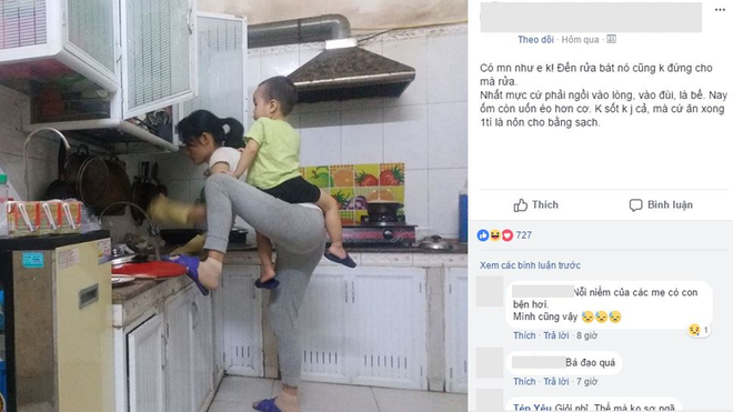 Có thể vừa bế con vừa nấu nướng, đánh răng, các mẹ nhà mình đúng là siêu nhân “cân cả bầu trời”